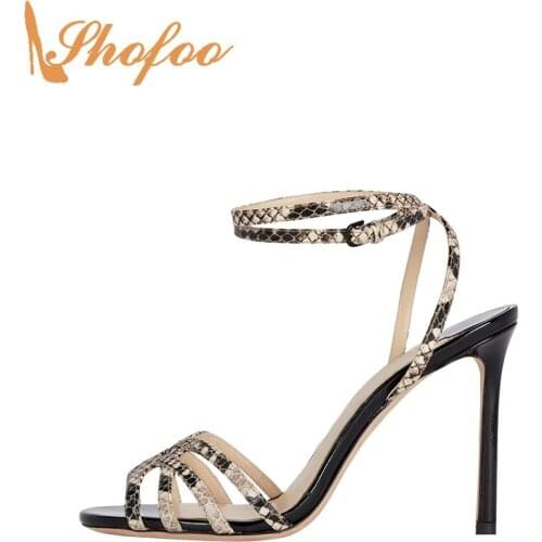Black Snake Prints Stiletto Women Sandals High Heels Open Toe Narrow Band Large Size 15 16 Ladies Summer Fashion Shoes Shofoo