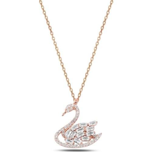 Silver 925 Sterling Swan Baget & Zircon Crystal Necklace