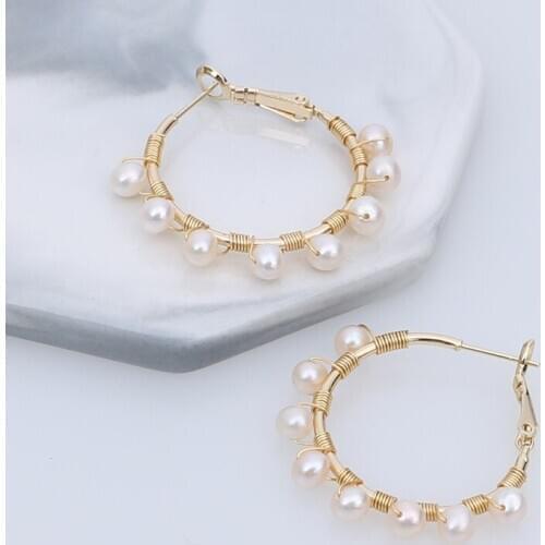 Free shipping jewelry yellow gold plated safe pin pure hand wrap freshwater natural pearl loop earring for lady