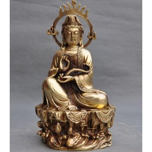 12" Chinese Buddhism brass Lotus ruyi Kwan-Yin Guan Yin goddess Buddha Statue