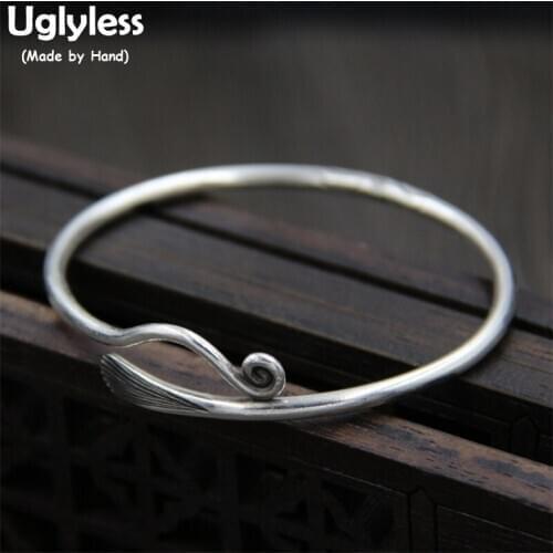 Uglyless Real S 999 Silver Fine Jewelry for Women Simple Fashion Ethnic Curved Opening Bangles Handmade Engraved Stripes Bijoux
