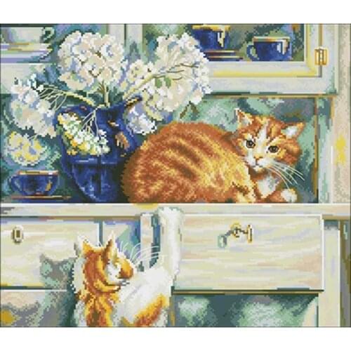 Cat in the drawer patterns counted 11CT 14CT 18CT Cross Stitch Set DIY Cross-stitch Kits Embroidery Needlework Home Decor