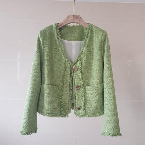 France Style Womens elegant green V-neck Tweed jackets cpat B408