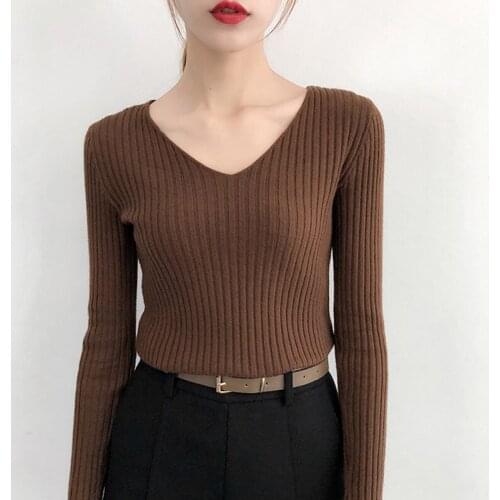 V Neck Sweater Women Autumn Winter New In Basic Bottoming Tight-Fitting Knitted Tops Ladies Soft Jumper Female Pullovers