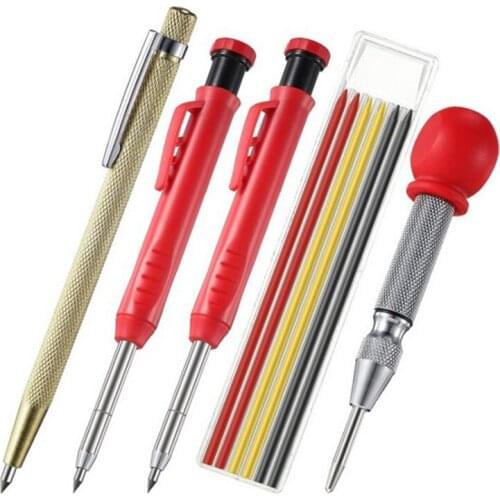 10pcs Carpenter Pencils And Automatic Center Pin Punch Set Tool Marker Spring Loaded Marking Tool Drill Bit Built-in Sharpener