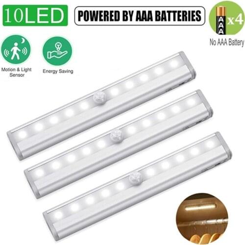 10 LEDs PIR Motion Sensor Closet Light Battery Operated Under Cabinet Lights Cupboard Wardrobe Stairs Wall Lamp For Kitchen Room