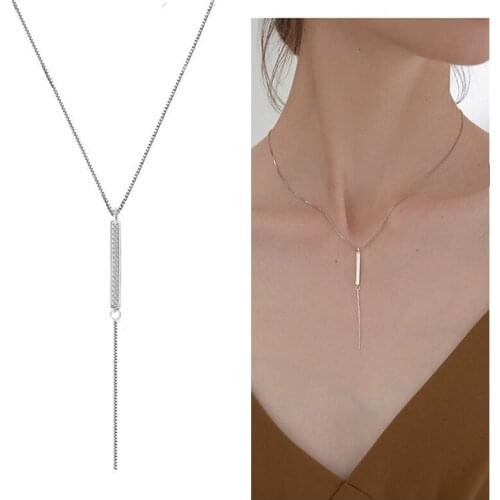 100% Silver 925 Sterling Necklace For Women Jewelry Trendy Tassel Pendant Girl Zircon Necklace Princess Shiny Choker Accessories