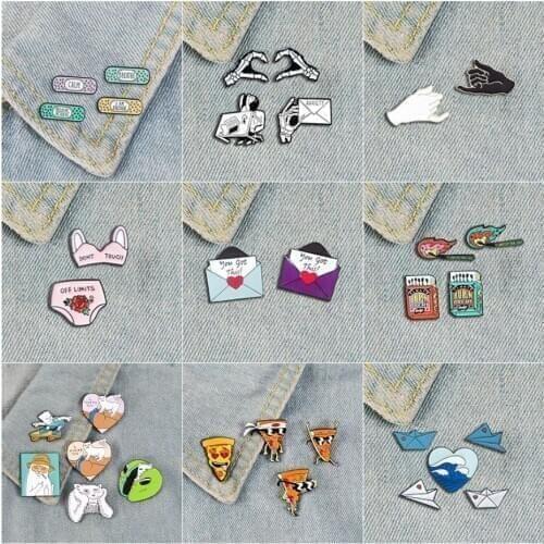 2-7 Pcs Set Badge Cartoon Matchbox Badge Pizza Sailboat Airplane Wound Sticker Enamel Brooch Fun Trendy Lapel Jewelry Gift