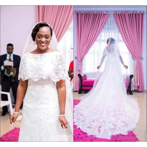 2021 Lace Mermaid Wedding Dresses with Wrap Shawl Half Sleeves Long Trail Bridal Gowns African Wedding Dress robes de mariée