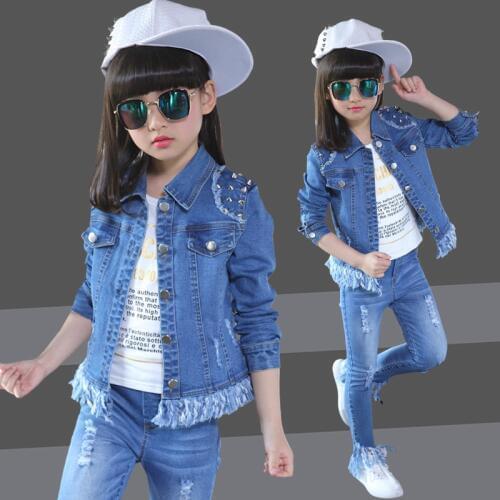 Childrens clothes girls suits spring 2020 kids denim sets coat+jeans pants child casual outerwear coat autumn solid clothing