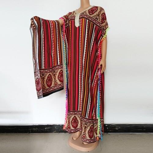 Striped Print Pompom Batwing Sleeve Appliques Long Maxi Dress Summer Casual Loose Women Elegant Robe Party Dresses Plus Size