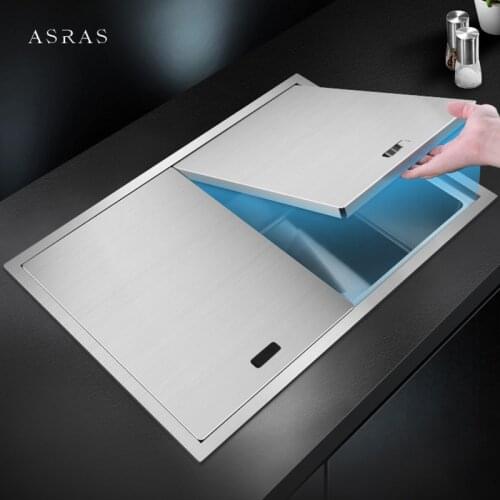 304 Stainless Steel Double Cover hidden Sink 4mm Thickness Handmade Brushed Large Size Side kitchen Sinks With Lifting Faucet