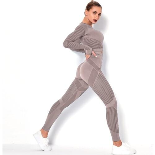 Hollow Out Seamless Fitness Set Sport Outfits Women Black Two 2 Piece Crop Top Bra Leggings Workout Gym suit Fitness Sport Sets