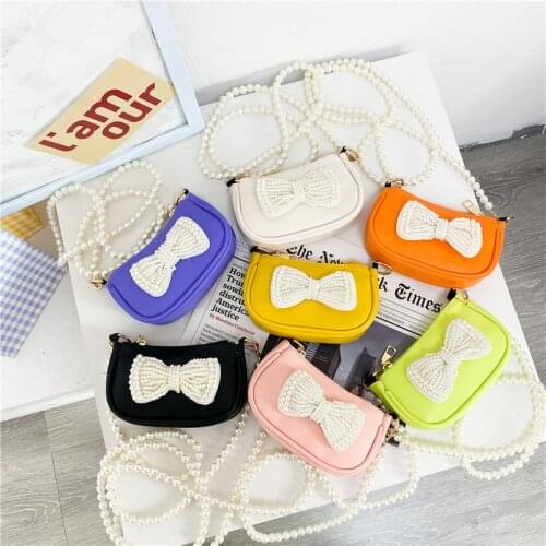 Cute Mini Pearl Bow Shoulder Bag Girls Lovely Beads Chains Crossbody Bags for Kids Small Coins Purse Children Bag 2021 Clutch