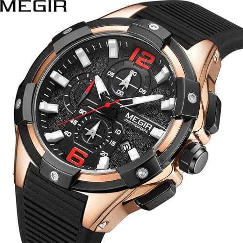 MEGIR Black Sports Men Watch with Silicone Band Luminous Chronograph Army Military Wrist Watches Man Clock Montre Homme