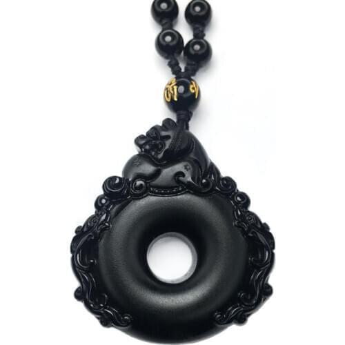 Men Necklace Pendant Black Obsidian Carved Brave Troops Safety Button Pendant Gift for Women Fine Jade Jewelry