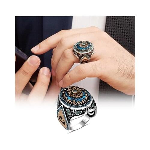 Moon-Star Aqua Blue Stone Silver Men 'S Ring