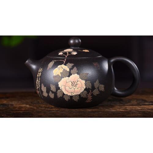 Yixing purple clay pot genuine hand-painted original black clay mud painting Peony Xishi pot Kungfu Teapot Set