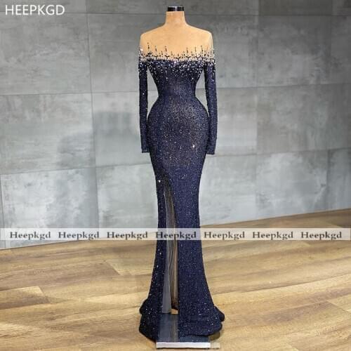 Luxury Navy Blue Evening Dress Long Sleeves Mermaid Chic Beads Illusion Special Occasion Gown Plus Size Women Prom Party Dresses