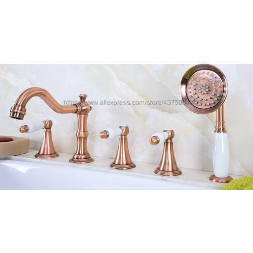 Luxury Antique Red Copper Bathroom Tub Faucet Deck Mounted W/ Hand Shower Sprayer 3 Handles 5 holes Ntf211