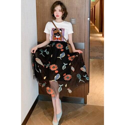 Top Quality Gauze embroidered high waist A-Line New mid length half skirt for summer