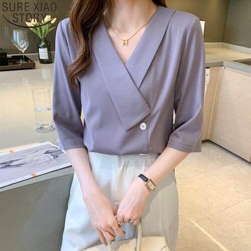 Office Lady Summer Chiffon Blouses 2021 New Korean Fashion Half Sleeve V-neck Shirts Women Tops Button Female Clothing 14759