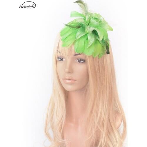 Women Girl Fascinator Handmade Green Feather Rose Mini Top Hat Church Hair Clip Cocktail Races Headdress Party Wedding Accessory