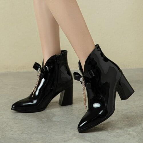 Women Patent Leather Square High Heel Ankle Boots Cute Bow Knot Fringe Short Boots Autumn Winter Pointed Toe Zipper Lady Shoes