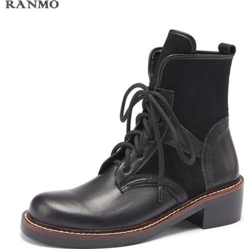 Genuine Leather Boots Women Lace Up Square High Heels 2021 Autumn Winter New Retro Ankle Boots Fashion Thick Sole Platform Shoes