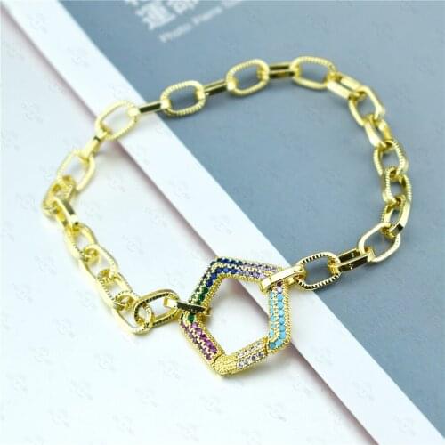 Pure Golden Paper Clip Link Chain Bracelet for Women Rainbow/With AAA Cubic Zircon Chain Bracelet