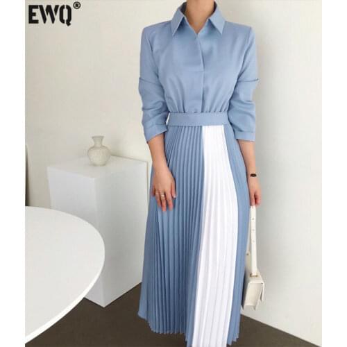 [EWQ] 2021 New Spring Women Vintage Loose High Waist Slim Was Thin Elegant High Waist Panelled Color Folds Maxi Dress Robe