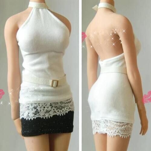 1/ 6 Female Sexy Hanging Neck Backless Slim Dress + Black Bodycon Skirt + Belt Set For PH TBL 12 Inch Action Figure Model Toy