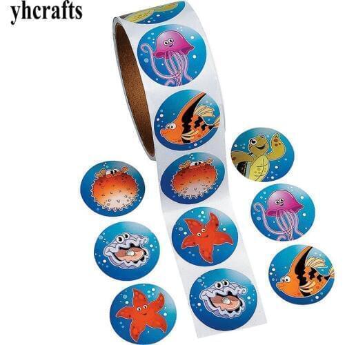 1 Roll(100PCS)/LOT.Sea world ocean animals paper stickers Home decoration Activity crafts School reward label Classic toy Funny
