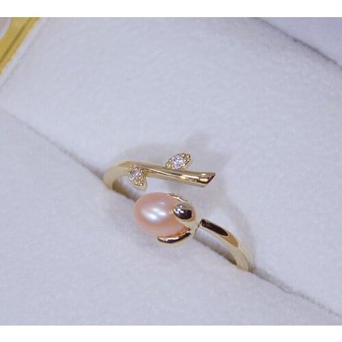 14K Gold Natural Pearl Rings for Women Elegant Cubic Zirconia Leaves Open Design Adjustable Female Rings Delicate Jewelry