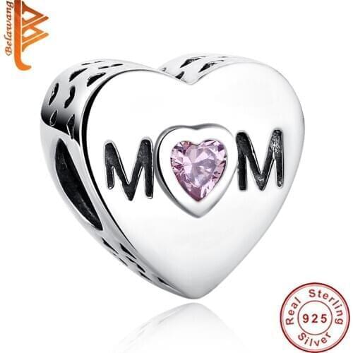 925 Sterling Silver Mom Heart Bead Crystal Silver 925 Birthday Gift Charms Fit Original Bracelet Family Beads Jewelry Making