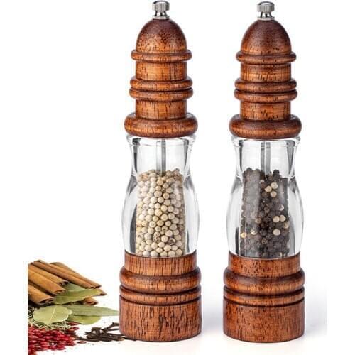 Wooden Salt and Pepper Grinder Set Wood and Acrylic Mills Adjustable Coarseness Ceramic Grinder Cooking Kitchen Tools 8 Inch