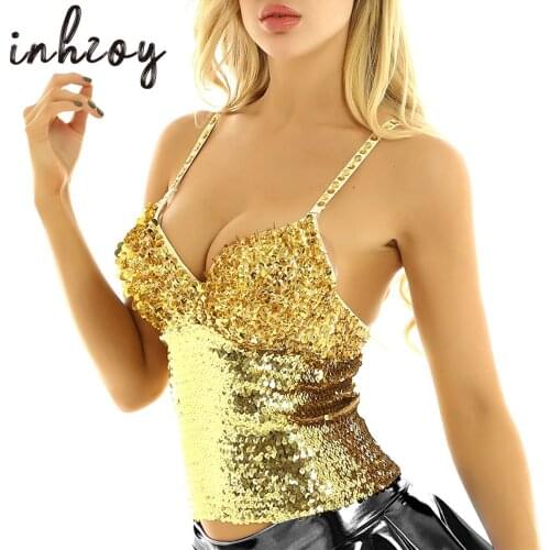 Women Sequin Corset Crop Tops Shining Party Club Rave Sport Tank Top Vest