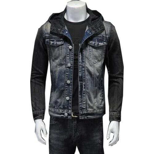 European-style hooded denim jacket mens blue pilot bomber jacket mens denim jacket casual slim motorcycle jacket coat
