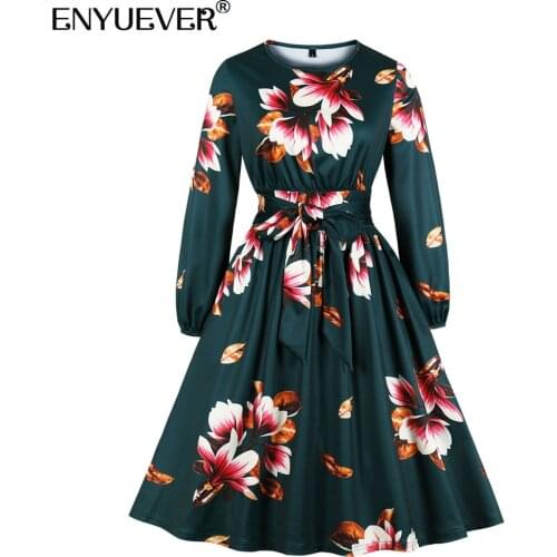 Enyuever Elegant Floral Casual Dress 2021 Autumn Women Clothing Long Sleeve Robe Pinup Swing Fashion Ladies Dresses With Pockets