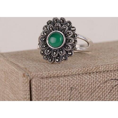 FNJ 925 Silver Ring MARCASITE Real Original S925 Sterling Thai Silver Rings for Women Jewelry USA Size 5-8 Green Agate