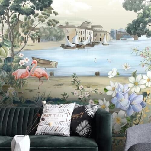 Custom Mural Wallpaper Hand Drawn Tropical Idyllic Landscape Background Wall Painting