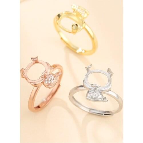 Ring Setting for 8x10mm Oval Cabochons Ring Base Gold Plated 925 Silver Zircon Adjustable Piglet Shape Ring Blank SR0190