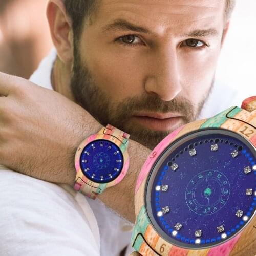 Colorful Wooden Watch for Male Unique LED Display Light Touch Screen Mens Watch Women Clock Night Vision Fashion Wristwatches