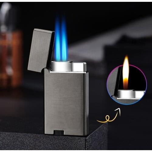 Creative Metal Three Fire Lighter Inflatable Windproof Double Straight Into The Blue Flame Into An Open Flame Gadgets For Men