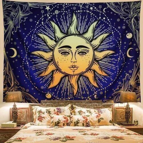 Mandala Yellow Sun Moon Tapestry Wall Hanging Hippie Tapestry Wall Carpets Psychedelic Tapestry Backdrop Bedspread Table Cloth