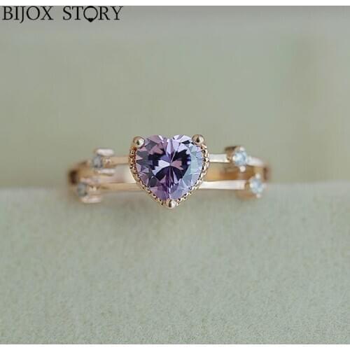 BIJOX STORY Fashion 925 Silver Jewelry Ring for Woman Heart Shape Amethyst Charm Ring for Wedding Anniversary Banquet Party Gift