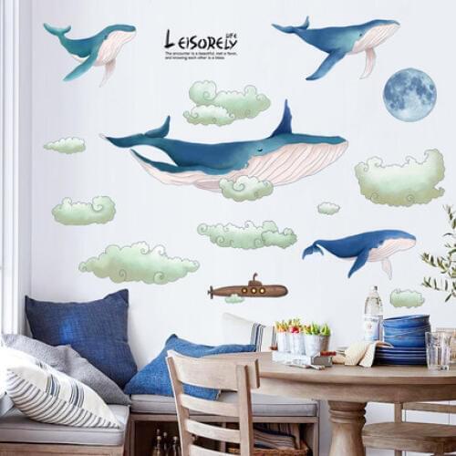 Cirrus Clouds Whale Wall Sticker Living Room Sofa Corridor Decorations Wallpaper Warm Hand-painted Bedroom Decor Print Painting