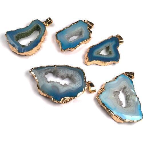 Natural Stone Blue Agates Druzy Pendants Charms Irregular Crystal Quartz Pendant for Jewelry Making DIY Accessories Fit Necklace