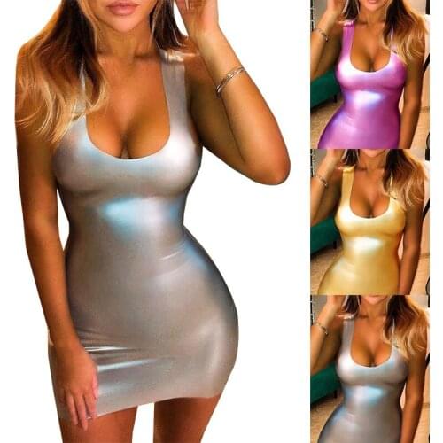 PU Strap Women Dress Sexy Tight Glossy Short Party Dress Vestido Feminino Summer Fashion Plus Size Design Female Dresses2021
