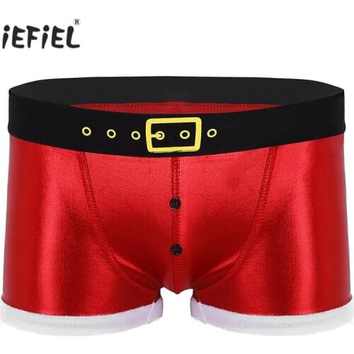 Christmas Red Mens Gay Underwear Sissy Boxer Shorts Panties Faux Leather Printed Belt Santa Claus Cosplay Men Boxers Underwear